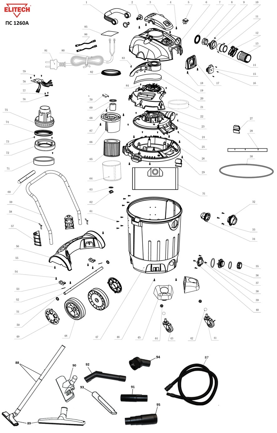 ЗАПЧАСТИ ДЛЯ ПЫЛЕСОСА УНИВЕРСАЛЬНОГО ЭЛЕКТРИЧЕСКОГО ELITECH ПС 1260А